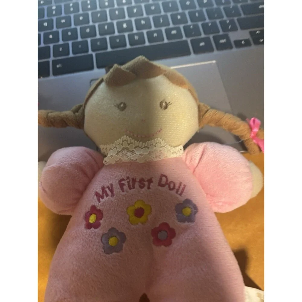 Stephan Baby 8” My First Doll Lovey Pink Brown Hair Rattle